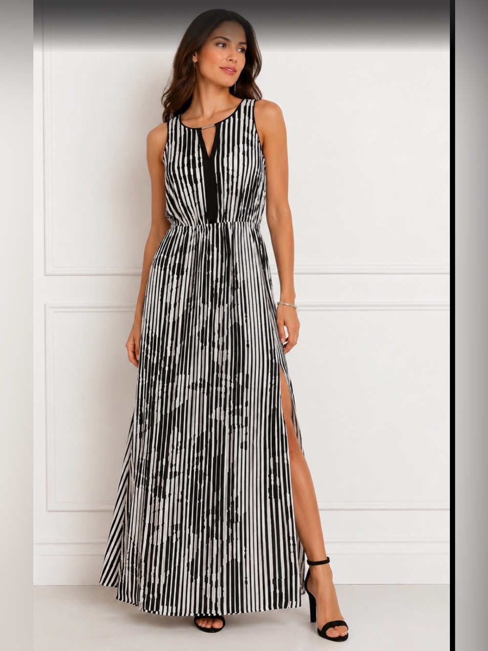White House Black Market Black White Striped Maxi Dress Size 2 NWOT
